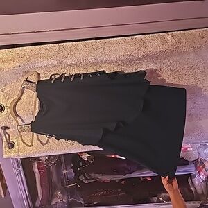 Short evening dress hunted green with silver sequins